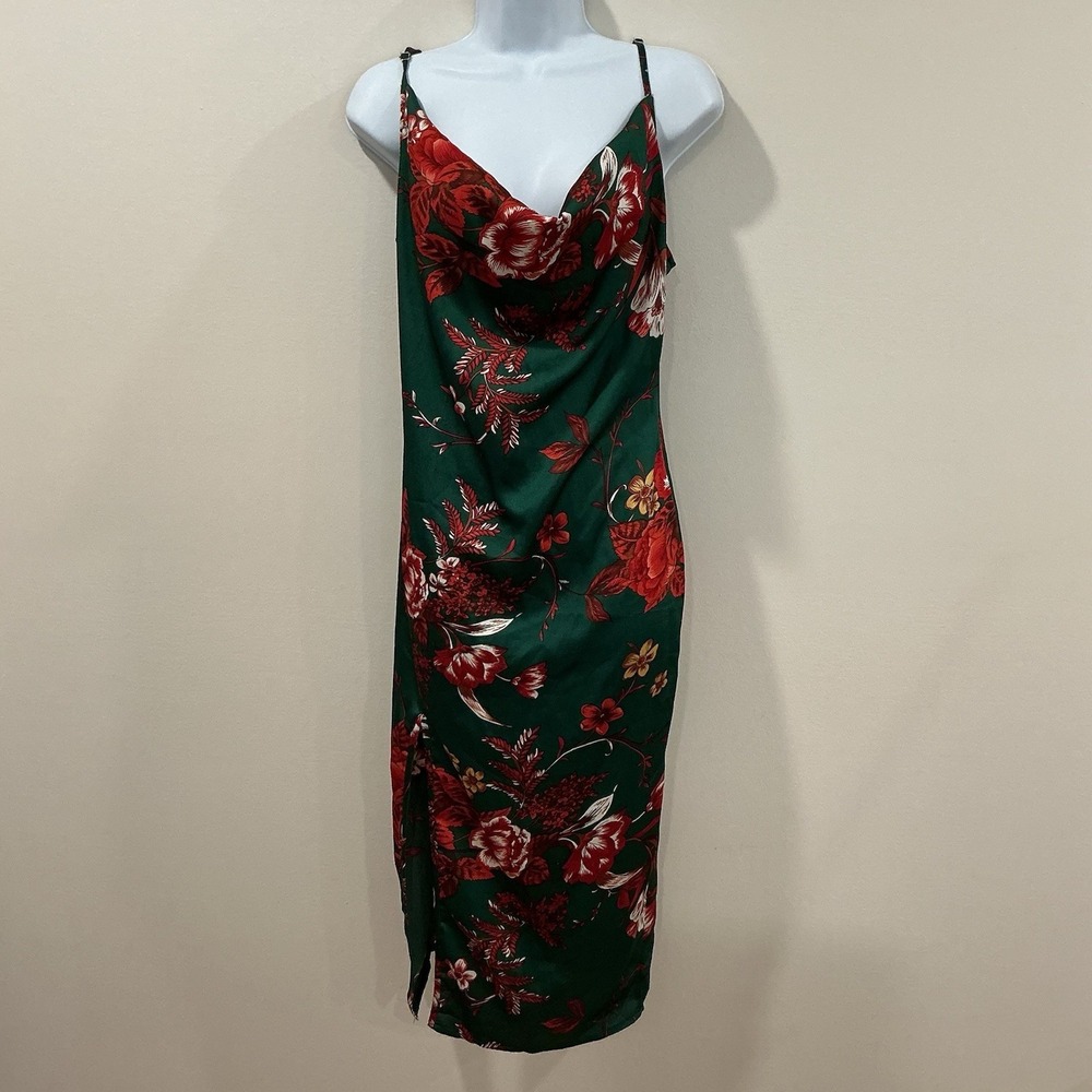Green Floral Satin Sheath Midi Dress Cowl Neck Side Slit Size 6 Event Vacation